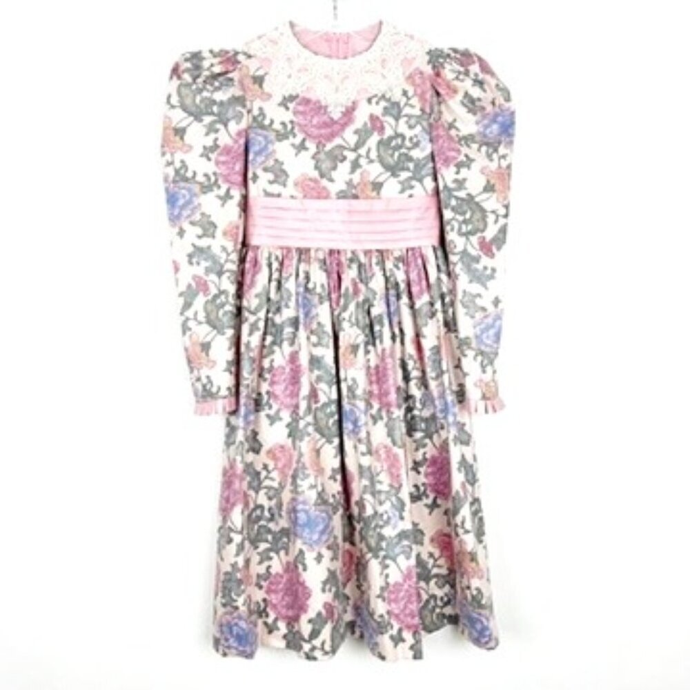 NWT Vintage Ruth of Carolina Lace Collar Puff Sleeve Floral Print Dress Size 10